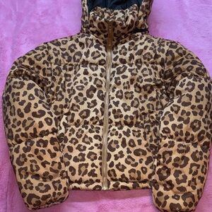 Guess Brown Leopard Print Puffer Jacket w/ Detachable Hood